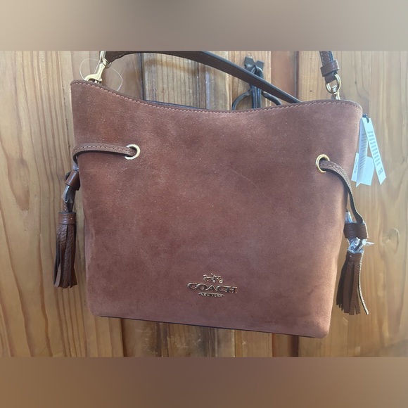 BROWN SUEDE COACH BAG. WITH SHORT AND LONG STRAP. NEVER USED WITH TAGS - Picture 3 of 5